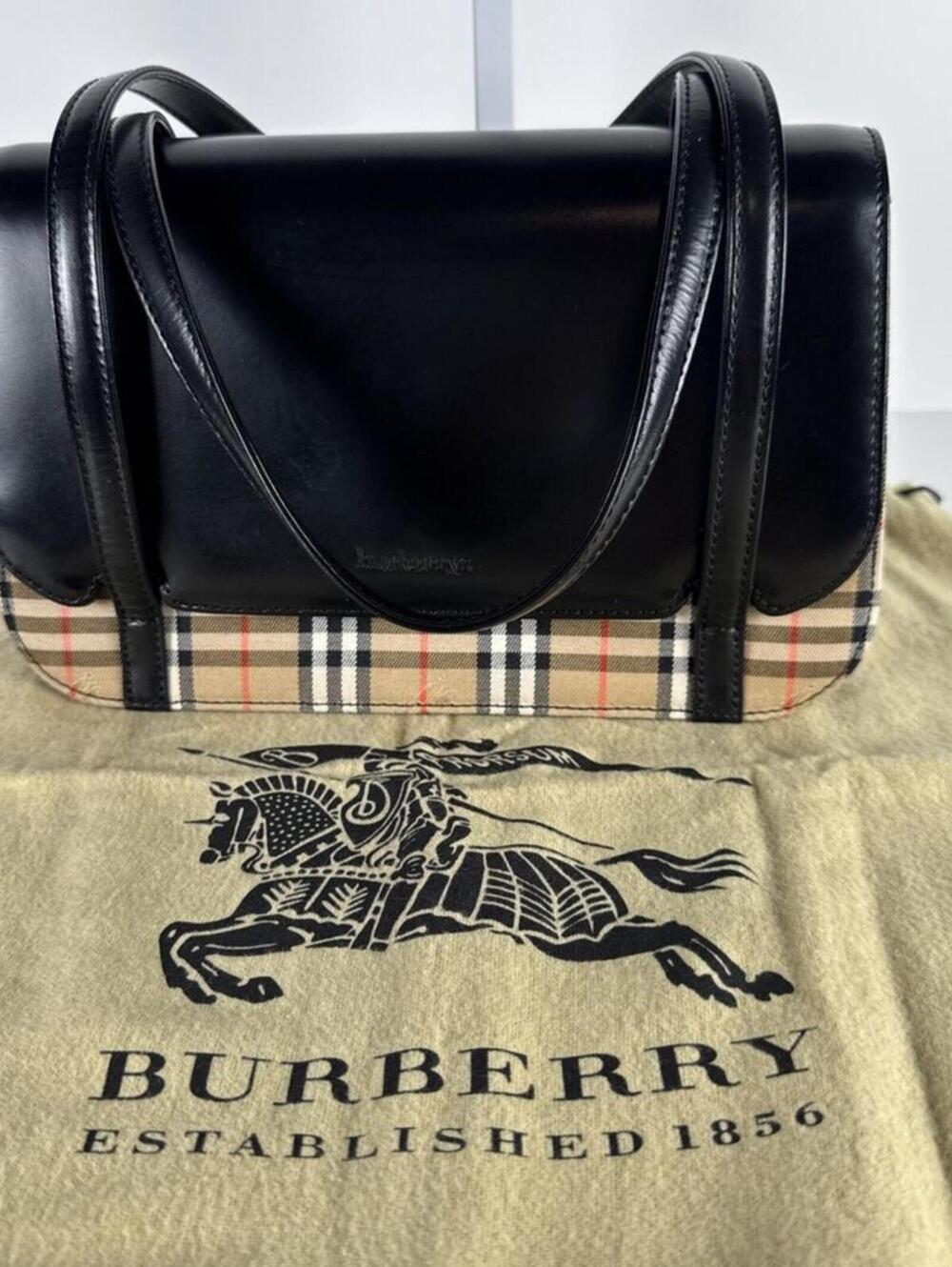 Burberry Leather Handbag Black/Beige 12cmx23cmx10cm Bobble Check